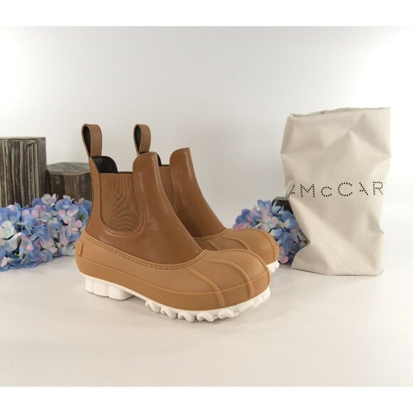 Stella McCartney Cuoio Vegan Leather Chain Sole Chelsea Duck Bootie Boots 36 NIB